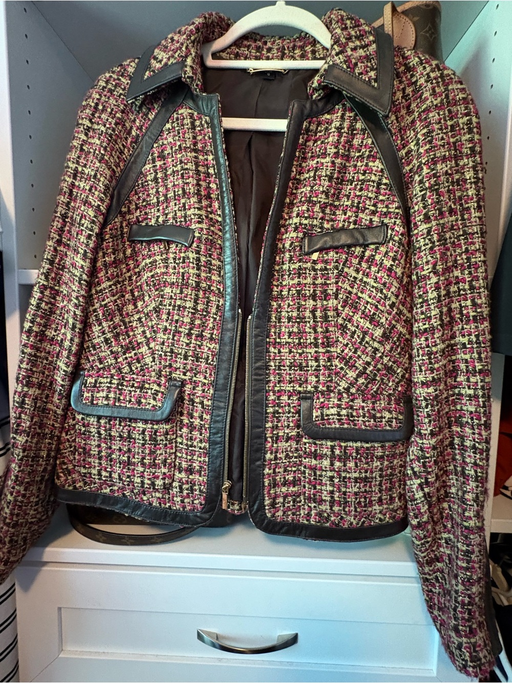 bebe Pink Multi Tweed Jacket with Brown Leather Trim
